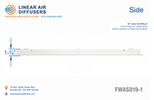 Load image into Gallery viewer, Side profile and dimensions of a 48-inch 1-slot linear slot diffuser with 19mm opening in matte white.
