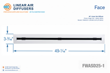 Load image into Gallery viewer, Face dimensions of a 48-inch 1-slot linear slot diffuser with 25mm opening in matte white.
