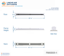 Load image into Gallery viewer, Overall dimensions of a 48-inch 1-slot linear slot diffuser with 25mm opening in matte white.
