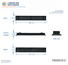 Load image into Gallery viewer, Overall dimensions of a 48-inch 2-slot linear slot diffuser with 19mm opening in matte black.
