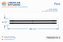 Load image into Gallery viewer, Face dimensions of a 48-inch 2-slot linear slot diffuser with 19mm opening in matte white.

