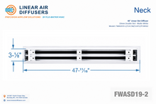 Load image into Gallery viewer, Neck dimensions of a 48-inch 2-slot linear slot diffuser with 19mm opening in matte white.
