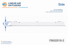 Load image into Gallery viewer, Side profile and dimensions of a 48-inch 2-slot linear slot diffuser with 19mm opening in matte white.
