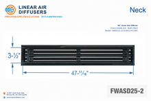 Load image into Gallery viewer, Neck dimensions of a 48-inch 2-slot linear slot diffuser with 25mm opening in matte black.
