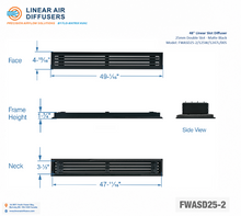 Load image into Gallery viewer, Overall dimensions of a 48-inch 2-slot linear slot diffuser with 25mm opening in matte black.
