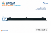 Load image into Gallery viewer, Side profile and dimensions of a 48-inch 2-slot linear slot diffuser with 25mm opening in matte black.
