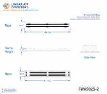 Load image into Gallery viewer, Overall dimensions of a 48-inch 2-slot linear slot diffuser with 25mm opening in matte white.
