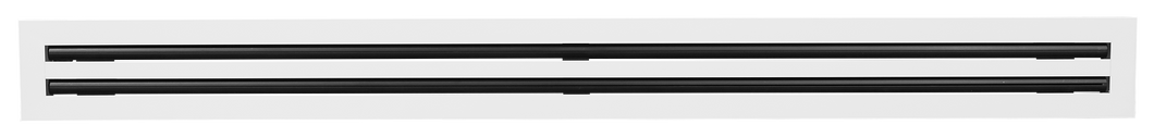 Front view of a white 48 inch 2-slot linear diffuser with 19mm openings for precision airflow in commercial HVAC systems