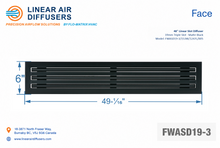 Load image into Gallery viewer, Face dimensions of a 48-inch 3-slot linear slot diffuser with 19mm opening in matte black.
