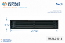 Load image into Gallery viewer, Neck dimensions of a 48-inch 3-slot linear slot diffuser with 19mm opening in matte black.
