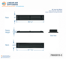 Load image into Gallery viewer, Overall dimensions of a 48-inch 3-slot linear slot diffuser with 19mm opening in matte black.
