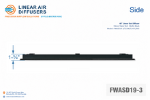 Load image into Gallery viewer, Side profile and dimensions of a 48-inch 3-slot linear slot diffuser with 19mm opening in matte black.
