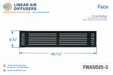 Load image into Gallery viewer, Face dimensions of a 48-inch 3-slot linear slot diffuser with 25mm opening in matte black.

