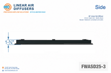 Load image into Gallery viewer, Side profile and dimensions of a 48-inch 3-slot linear slot diffuser with 25mm opening in matte black.
