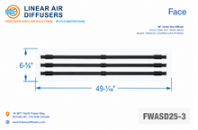 Load image into Gallery viewer, Face dimensions of a 48-inch 3-slot linear slot diffuser with 25mm opening in matte white.
