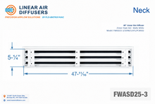 Load image into Gallery viewer, Neck dimensions of a 48-inch 3-slot linear slot diffuser with 25mm opening in matte white.
