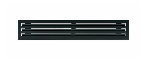 Front view of a black 48 inch 3-slot linear diffuser with 19mm openings for precision airflow in commercial HVAC systems