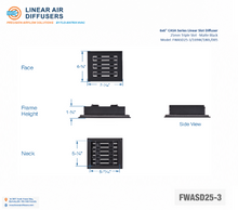 Load image into Gallery viewer, Overall dimensions of a 6x6-inch 3-slot linear slot diffuser with 25mm opening in matte black.
