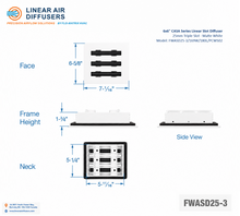 Load image into Gallery viewer, Overall dimensions of a 6x6-inch 3-slot linear slot diffuser with 25mm opening in matte white.
