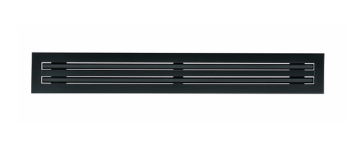 Front view of a black 72-inch 2-slot linear diffuser with 19mm openings for precision airflow in commercial HVAC systems