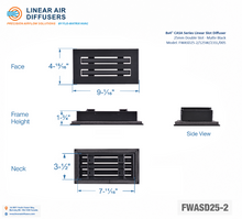 Load image into Gallery viewer, Overall dimensions of a 8x4-inch 2-slot linear slot diffuser with 25mm opening in matte black.
