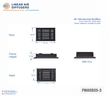 Load image into Gallery viewer, Overall dimensions of a 8x6-inch 3-slot linear slot diffuser with 25mm opening in matte black.

