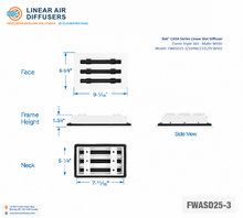 Load image into Gallery viewer, Overall dimensions of a 8x6-inch 3-slot linear slot diffuser with 25mm opening in matte white.
