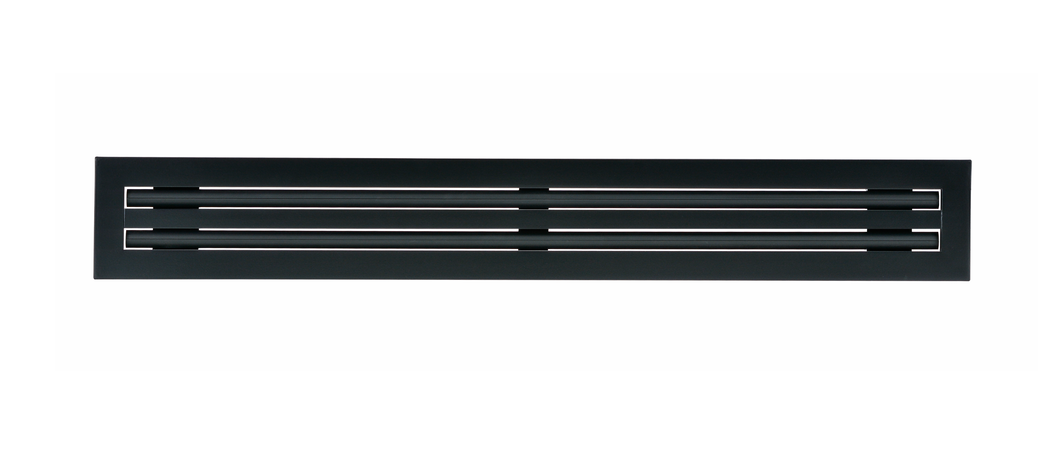 Front view of a black 96-inch 2-slot linear diffuser with 19mm openings for precision airflow in commercial HVAC systems