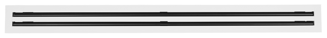 Front view of a white 96 inch 2-slot linear diffuser with 19mm openings for precision airflow in commercial HVAC systems