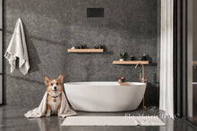 Load image into Gallery viewer, Black linear slot diffuser air vent cover installed on the wall in a modern bathroom – FLO-MATRIX HVAC
