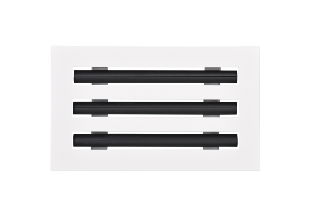 Front view of a white 10x6 inch 3-slot linear diffuser with 25mm openings for high airflow in commercial HVAC systems