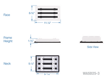 Load image into Gallery viewer, Full dimensions of a white 10x6 inch 3-slot linear diffuser with 25mm openings for high airflow in commercial HVAC systems
