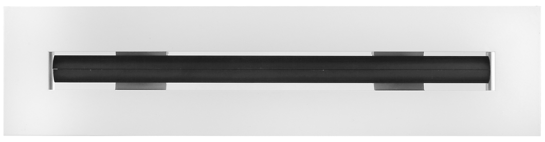 Front view of a white 12 inch 1-slot linear diffuser with 25mm openings for high airflow in commercial HVAC systems