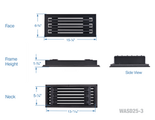 Load image into Gallery viewer, Full dimensions of a black 14x6 inch 3-slot linear diffuser with 25mm openings for high airflow in commercial HVAC systems
