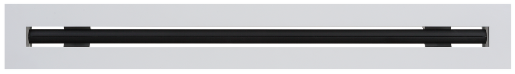 Front view of a white 18 inch 1-slot linear diffuser with 25mm openings for high airflow in commercial HVAC systems
