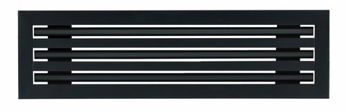 Front view of a black 20 inch 3-slot linear diffuser with 25mm openings for high airflow in commercial HVAC systems