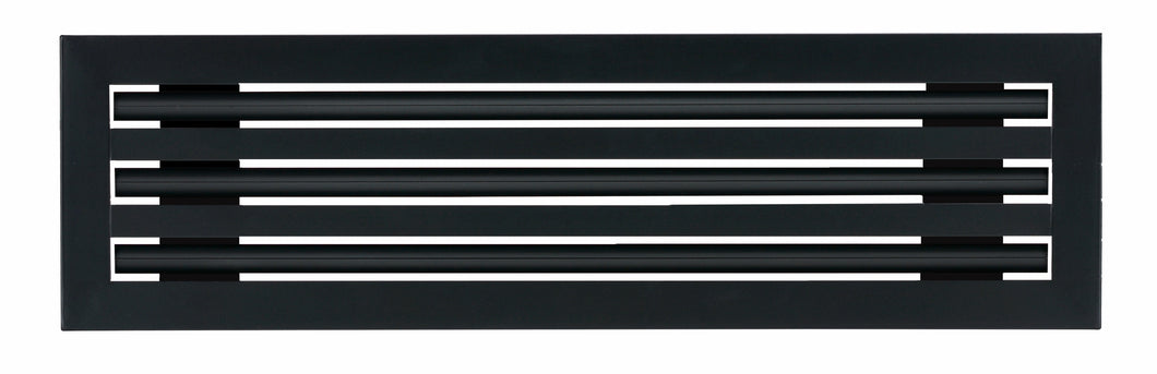 Front view of a black 20 inch 3-slot linear diffuser with 25mm openings for high airflow in commercial HVAC systems