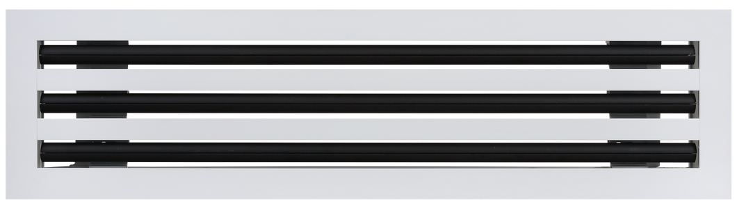 Front view of a white 20 inch 3-slot linear diffuser with 25mm openings for high airflow in commercial HVAC systems