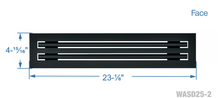 Load image into Gallery viewer, Face dimensions of a black 22 inch 2-slot linear diffuser with 25mm openings for high airflow in commercial HVAC systems
