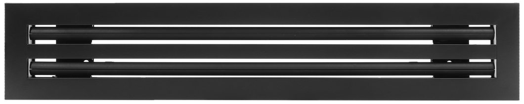 Front view of a black 22 inch 2-slot linear diffuser with 25mm openings for high airflow in commercial HVAC systems