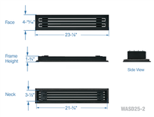 Load image into Gallery viewer, Full dimensions of a black 22 inch 2-slot linear diffuser with 25mm openings for high airflow in commercial HVAC systems

