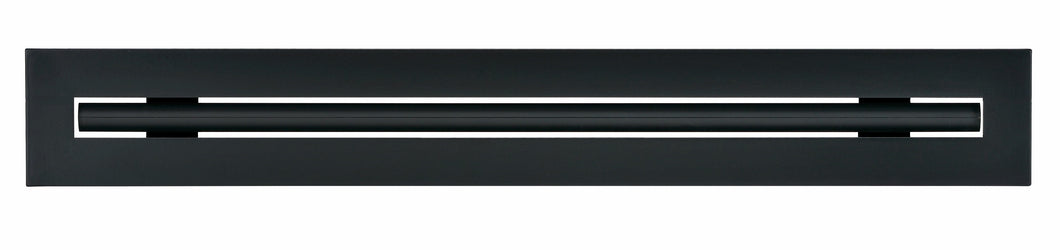 Front view of a black 24-inch 1-slot linear diffuser with 25mm openings for high airflow in commercial HVAC systems