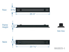 Load image into Gallery viewer, Full dimensions of a black 24-inch 1-slot linear diffuser with 25mm openings for high airflow in commercial HVAC systems
