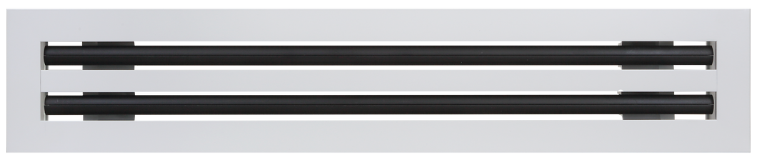 Front view of a white 24 inch 2-slot linear diffuser with 25mm openings for high airflow in commercial HVAC systems