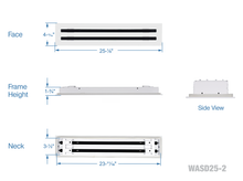 Load image into Gallery viewer, Full dimensions of a white 24 inch 2-slot linear diffuser with 25mm openings for high airflow in commercial HVAC systems
