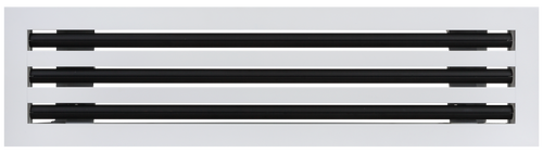 Front view of a white 24 inch 3-slot linear diffuser with 25mm openings for high airflow in commercial HVAC systems