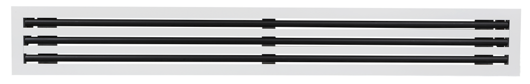 Front view of a white 32 inch 3-slot linear diffuser with 25mm openings for high airflow in commercial HVAC systems