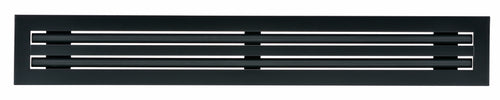 Front view of a black 36 inch 2-slot linear diffuser with 25mm openings for high airflow in commercial HVAC systems