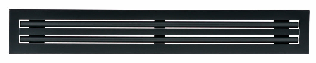 Front view of a black 36 inch 2-slot linear diffuser with 25mm openings for high airflow in commercial HVAC systems