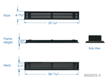 Load image into Gallery viewer, Full dimensions of a black 36 inch 2-slot linear diffuser with 25mm openings for high airflow in commercial HVAC systems
